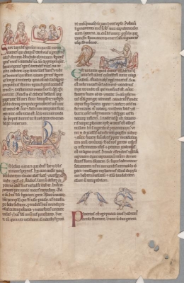 Огненные камни, серра, харадр, пеликаны. Рукопись библиотеки Паркера (CCC, Ms.22, fol.166r.)