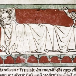 Харадр смотрит на больного. Рукопись Бодлеянской библиотеки (MS Douce 88, fol.018r.)