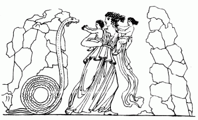 Змей Пифон преследует Латону и ее детей, Аполлона и Артемиду. Рисунок на вазе