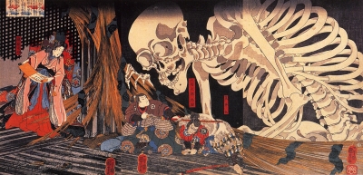 Призрачный скелет, которым Такияся-химэ пытается напугать врагов. Гравюра Утагавы Куниёши
