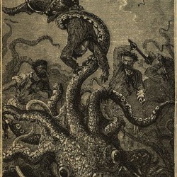 Гигансткий спрут атакует людей. Иллюстрация Эдуардо Риу и Альфонса Невилья к роману "20000 лье под водой" (1870)