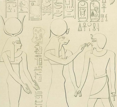 Богини Хатхор и Сехмет с фараоном Тутмосом II. Изображение на пилоне в храме Карнака