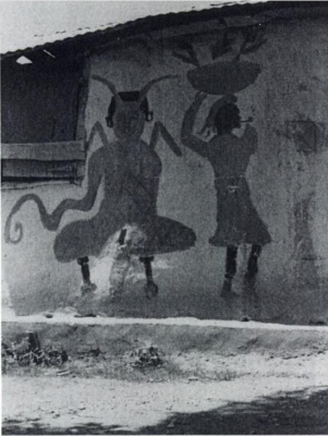 Бака (слева), идущий рядом с мачанн или базарной торговкой. Роспись стены в Байне, Гаити