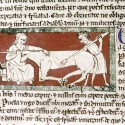 Охотники убивают единорога. Рукопись Бодлеянской библиотеки (MS Douce 88, fol.007v.)