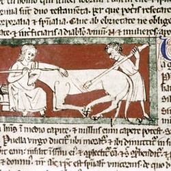 Охотники убивают единорога. Рукопись Бодлеянской библиотеки (MS Douce 88, fol.007v.)