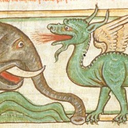 Битва слона и дракона (Рукопись Британской библиотеки MS Harley 3244, fol. 39v)