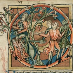Охотники, убивающие единорога (Рукопись Британской библиотеки MS Harley 4751, fol. 6v)
