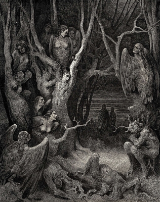 Гарпии в лесу самоубийц в седьмом круге Ада. Гравюра Гюстава Доре к "Божественной комедии" Данте