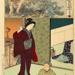 Мать наблюдает за игрой сына с микэнэко. Автор рисунка Ёсю Тиканобу