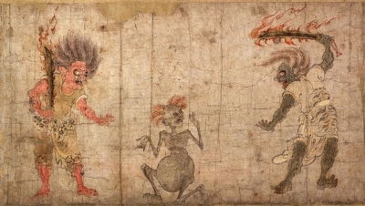 Дзикининки или гаки в окружении демонов-они. Рукопись периода Хэйан (Япония, между 794 и 1185 годами)
