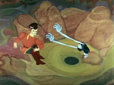 Синюшка тянет руки к Илье. Кадр из мультфильма "Синюшкин колодец" (1973)