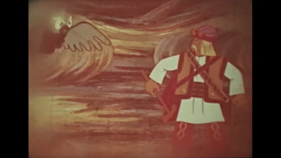 Чугайстер сражается против пана, обернувшегося филином. Кадр из мультфильма "Сказка про Чугайстра" (Киевнаучфильм, 1978)