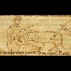 Единорог, дева и охотник. Рукопись Британской библиотеки (MS Stowe 1076, fol. 2r.) 