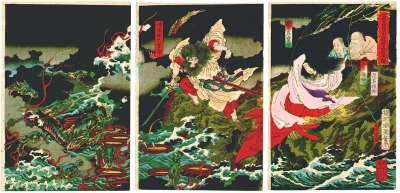 Битва Сусаноо и Яматы-но ороти. Триптих японского художника Ёсю Тиканобу, 1870-ые