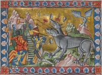 Александр Великий сражается с двухголовым чудовищем. Иллюстрация из "Древней истории до Цезаря" (Add. MS 15268, f.210v)