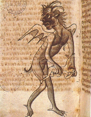 Черт, держащий душу человека. Рисунок из рукописи XVI века