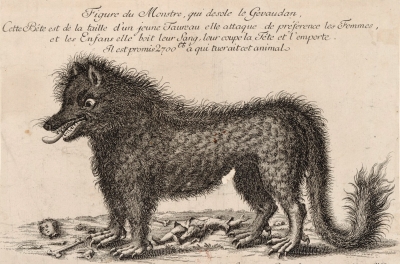 Гравюра, изображающая Жеводанского зверя с объявленной за его голову наградой в 2700 франков (1765)