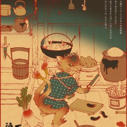 Готоку-нэко на кухне. Автор рисунка Амаяги-до