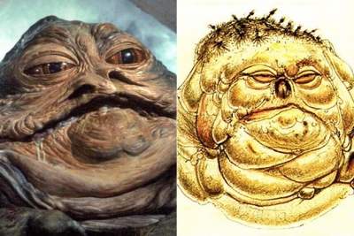 Ранний концепт (справа) и окончательный вариант облика Джаббы Хатта из киновселенной "Звездных войн"