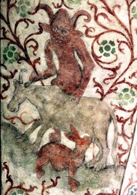 Дьявол держит корову, из которой пьёт молоко молочный заяц. Фрагмент фрески в церкви Осмо, Швеция, ок. 1470 года
