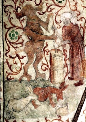 Дьявол и ведьма взбивают молоко. Молочные зайцы отрыгивают молоко. Фрагмент фрески в церкви Осмо, Швеция, ок. 1470 года