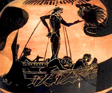 Одиссей и сирены. Чернофигурная ойнохойя, прим.520 г. до н.э.