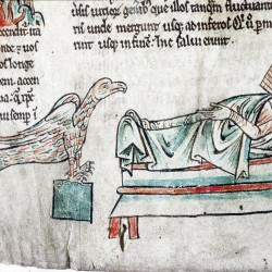 Харадр смотрит на больного. (Рукопись Бодлеянской библиотеки. MS. Bodley 602, fol. 001v)