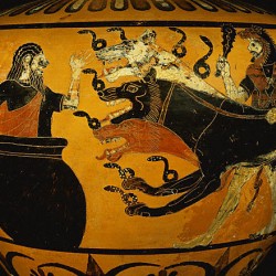 Геракл приводит Кербера к Эврифею. Рисунок на чернофигурной гидре