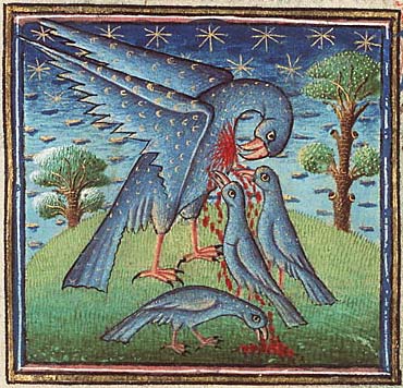 Пеликан из рукописи Национальной Нидерландской библиотеки (Hague, MMW, 10 B 25, Folio 32r)
