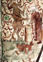 Дьявол и ведьма взбивают молоко. Молочные зайцы отрыгивают молоко. Фрагмент фрески в церкви Осмо, Швеция, ок. 1470 года