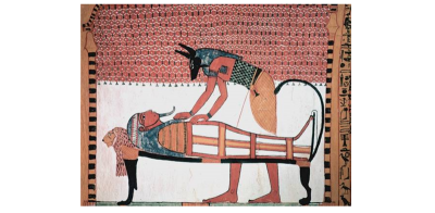 Анубис бальзамирует мумию на спине богини Мафдет (гробница Сеннеджема, XVIII династия)