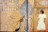 Бог Ра (в облике кота либо зайца) убивает змея Апопа. Настенная роспись гробницы Инхер-ха, Фивы