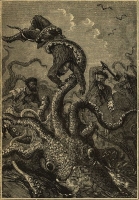 Гигансткий спрут атакует людей. Иллюстрация Эдуардо Риу и Альфонса Невилья к роману "20000 лье под водой" (1870)