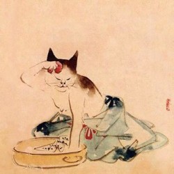 Умывающаяся микэнэко. Автор рисунка Утагава Хиросигэ