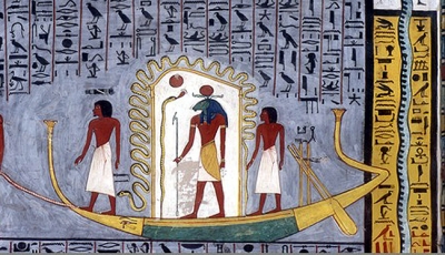 Змей Мехен, извивающийся вокруг Хнума-Ра. Фреска из гробницы Рамсеса I