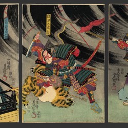 "Минамото-но Ёримаса убивает нуэ". Картина за авторством Утагавы Кинисады