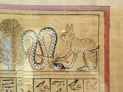 Ра в облике Кота убивает змея Апопа. Фрагмент виньетки из "Книги мертвых" Хунефера, XIX династия