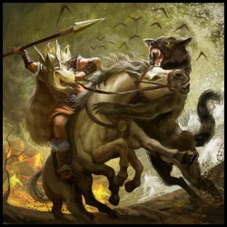 Один против Фенрира — битва во время Рагнарёка. Иллюстрация Мигеля Коимбры