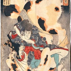 Самурай поражает трехцветную бакэ-нэко. Автор рисунка Утагава Куниёси