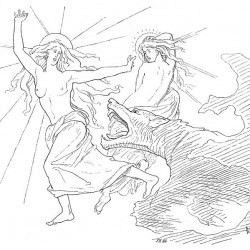 Безымянный рисунок Лоренца Фрёлиха, на котором волк догоняет богиню Соль с ее дочерью
