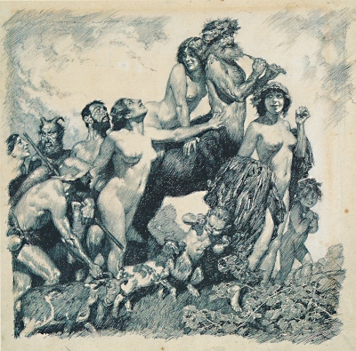 Кентавр, ведущий шествие сатиров и нимф. Иллюстрация Нормана Линдсея (1913)