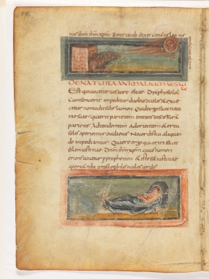 Ящерица лечит глаза. Харадр на постели больного. Рукопись Городской библиотеки Берна (Cod. 318, fol.8r)