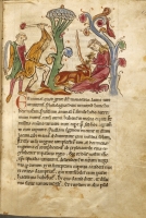 Охотники, убивающие единорога. (Рукопись Бодлеянской библиотеки. MS. Bodley 602, fol. 014r)