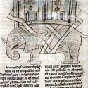 Слон с осадной башней на спине. Рукопись Бодлеянской библиотеки (MS. e. Mus. 136, fol.019v)