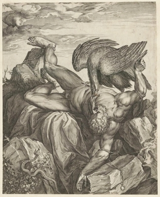 Орел клюёт печень Прометея. Гравюра Корнелиса Корта, 1566