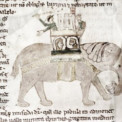 Слон с осадной башней на спине. Рукопись Бодлеянской библиотеки (MS Douce 88, fol.087v.)