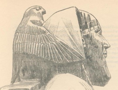 Бог Гор в виде сокола защищает фараона Хефрена. Книжная прорисовка статуи