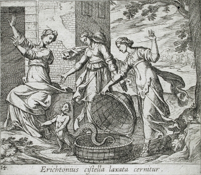 Эрихтоний появляется из корзины. Рисунок Антонио Темпеста (1606) к "Метаморфозам" Овидия