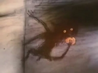 Банник ест оставленное для него угощение. Кадр из мультфильма "Нюркина баня" (1995)