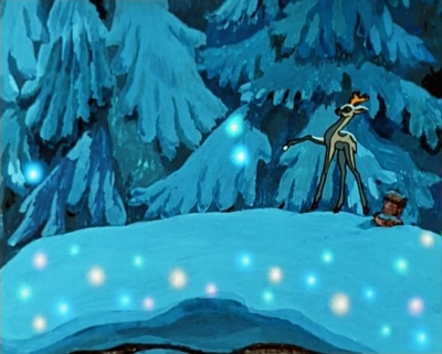 Серебряное копытце выбивает ножкой дорогие камни. Кадр из мультфильма "Серебряное копытце" (1977)